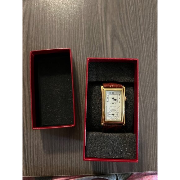 Peugeot Gold-Tone Rectangular Watch With Brown Leather Strap & Warranty Card - Picture 2 of 10